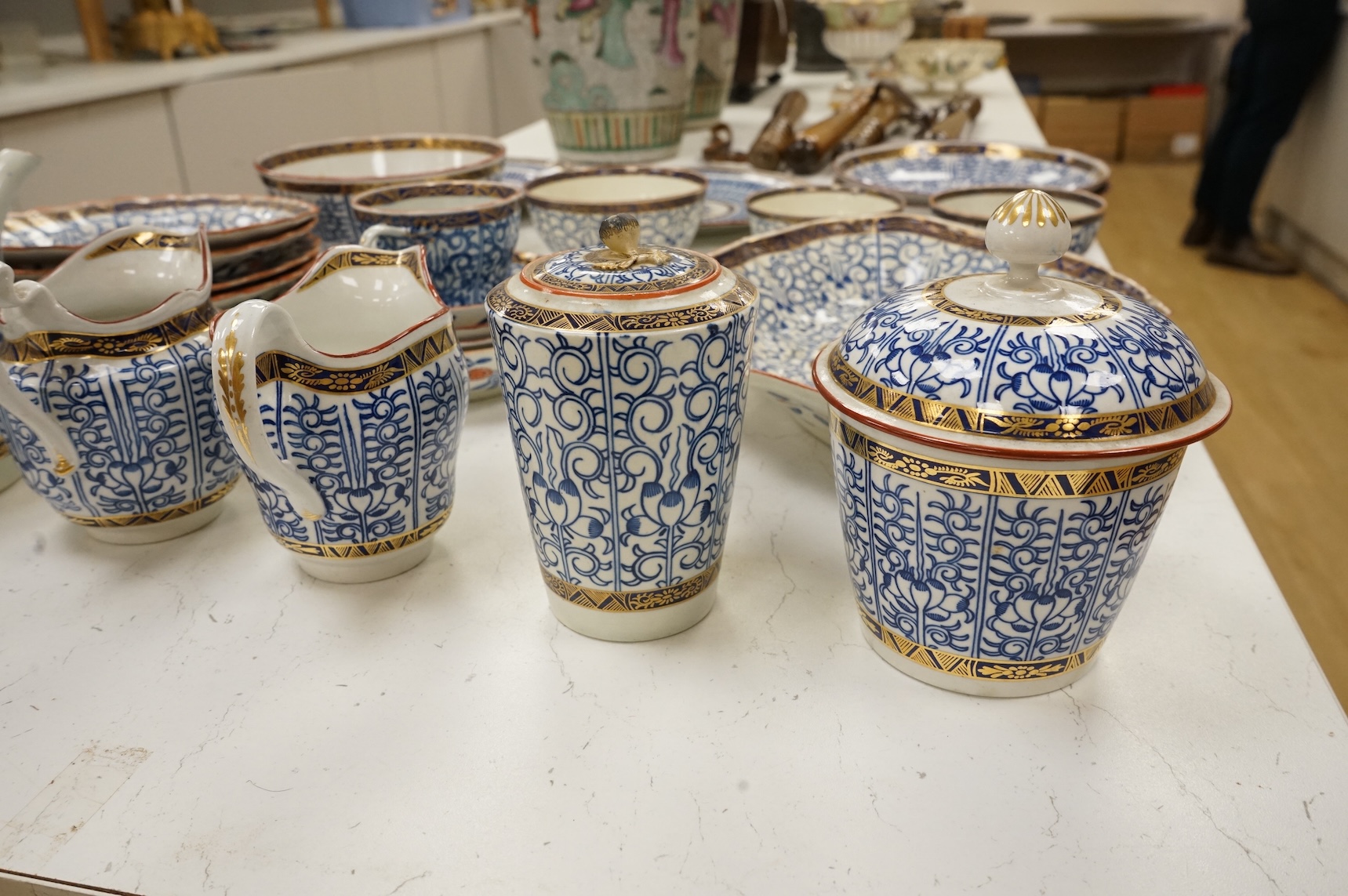 A collection of Worcester Royal Lily pattern tea, coffee and dessert wares and two similar dishes, late 18th/early 19th century